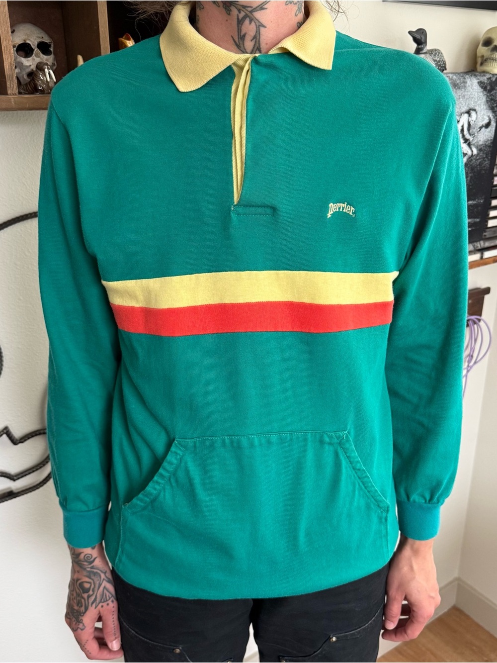 Vintage 80s Perrier Sportswear Rugby Striped Polo Sweatshirt ~ Size Small